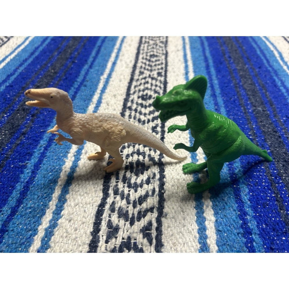 Plastic Dinosaur Figure Lot of 2 T-Rex Raptor Green Tan Toy Figures